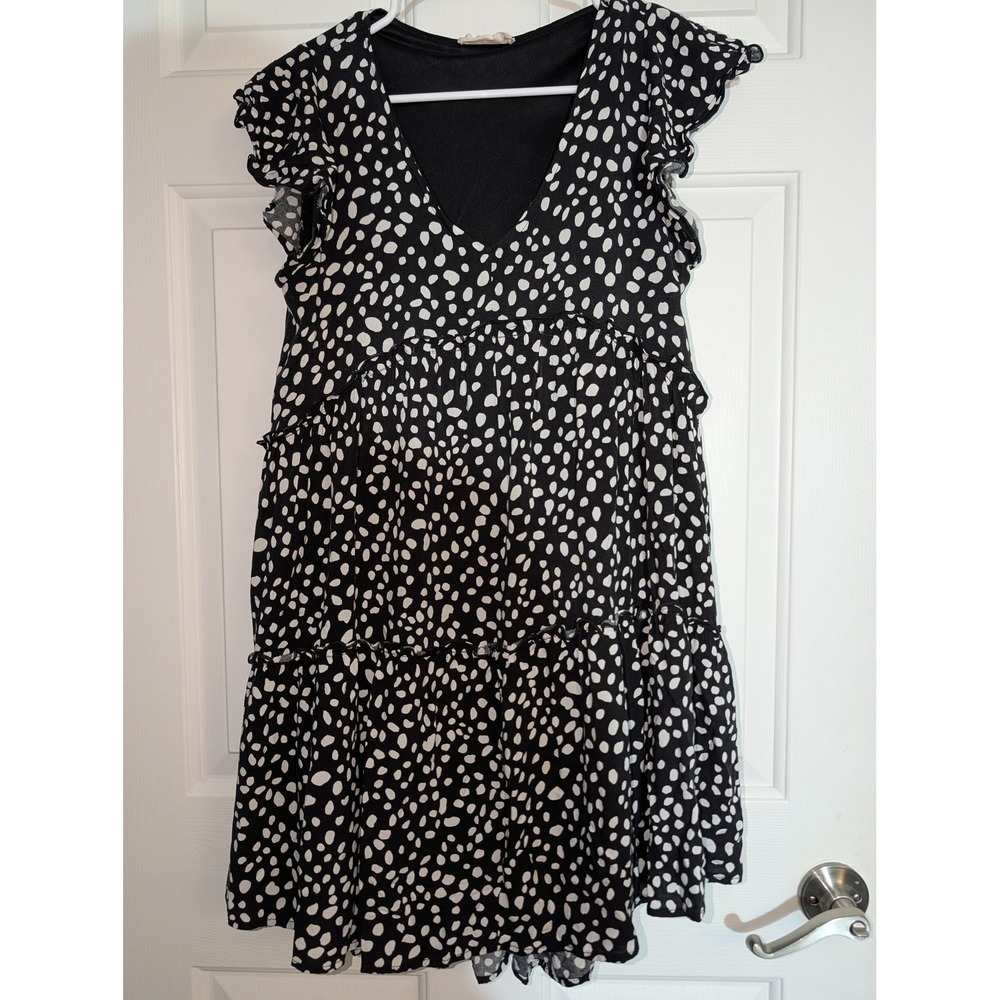 Altar'd State Black White Spotted Tiered Mini Dress Ruffle Sleeve Babydoll